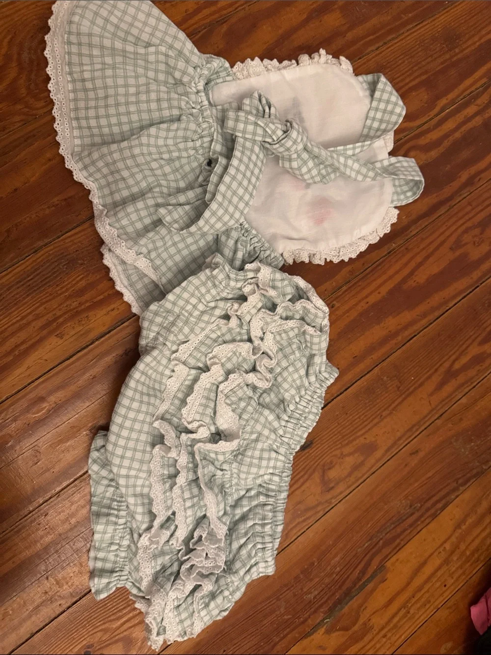 Classic Green Plaid Ruffle Diaper Cover with Lace Bib
